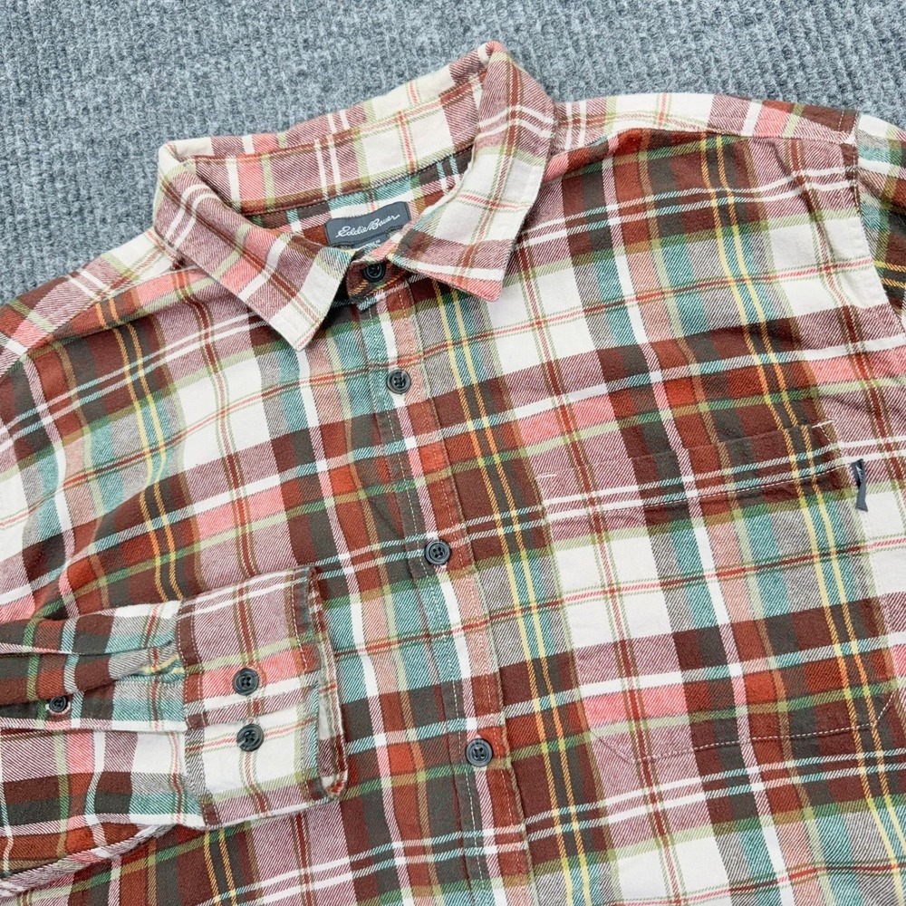 Eddie Bauer Mens XXL Plaid Flannel Shirt Long Sleeve Brown Green 100% Cotton